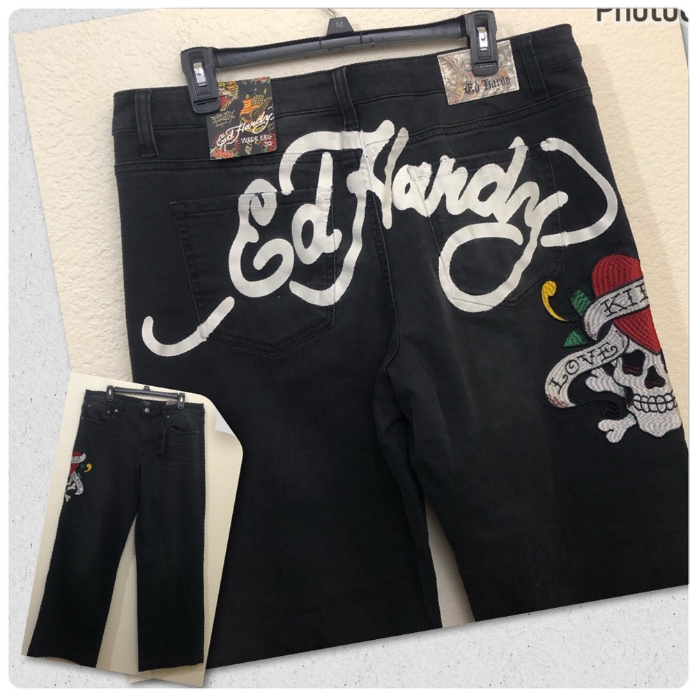 ED HARDY Womens 32 Black Jeans Wide Leg Kills Love Slowly Skull Embroidery NWT